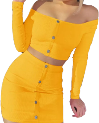 Off the Shoulder Button up Set- Yellow